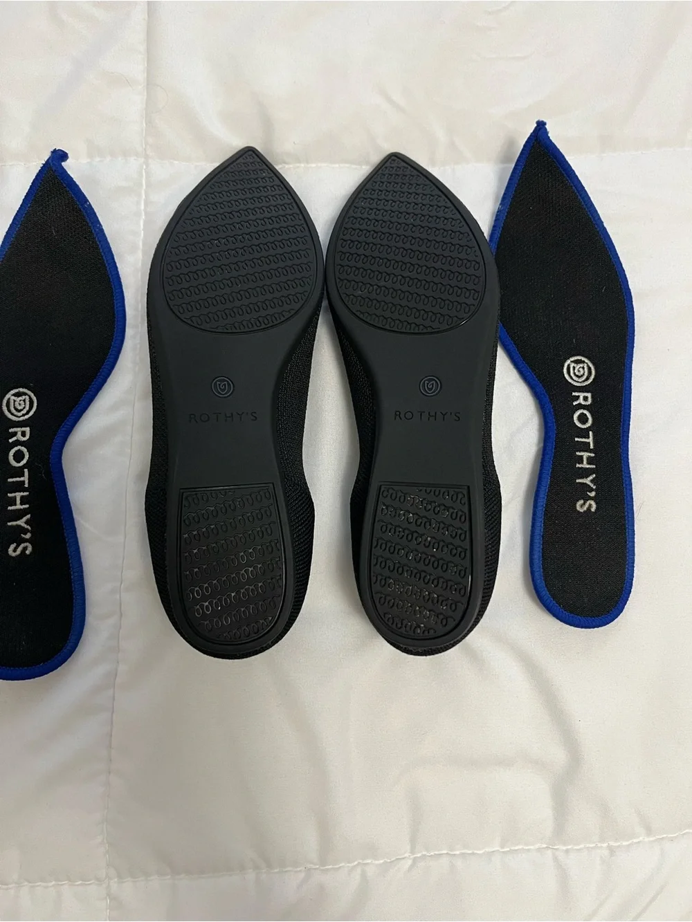 Rothy's Black Pointed-Toe Knit Flats with Blue Trim